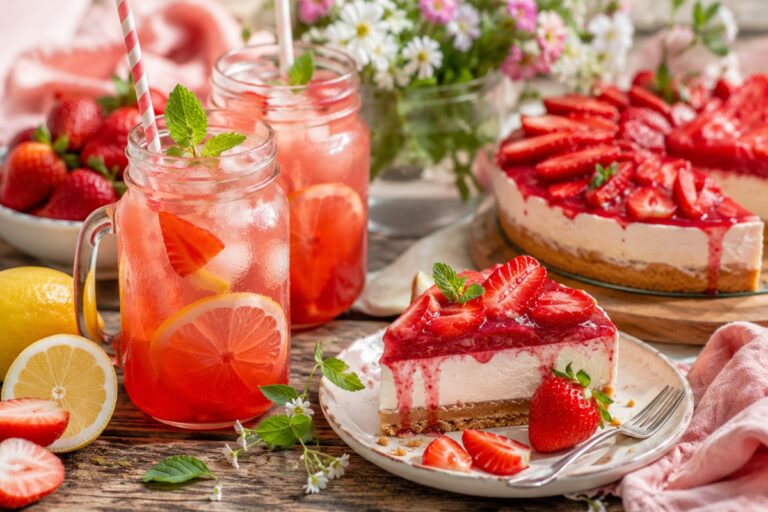 Friss epres limonádé és epres sajttorta rusztikus faasztalon, nyári brunch hangulattal, friss eprekkel, citromkarikákkal és természetes napfénnyel.