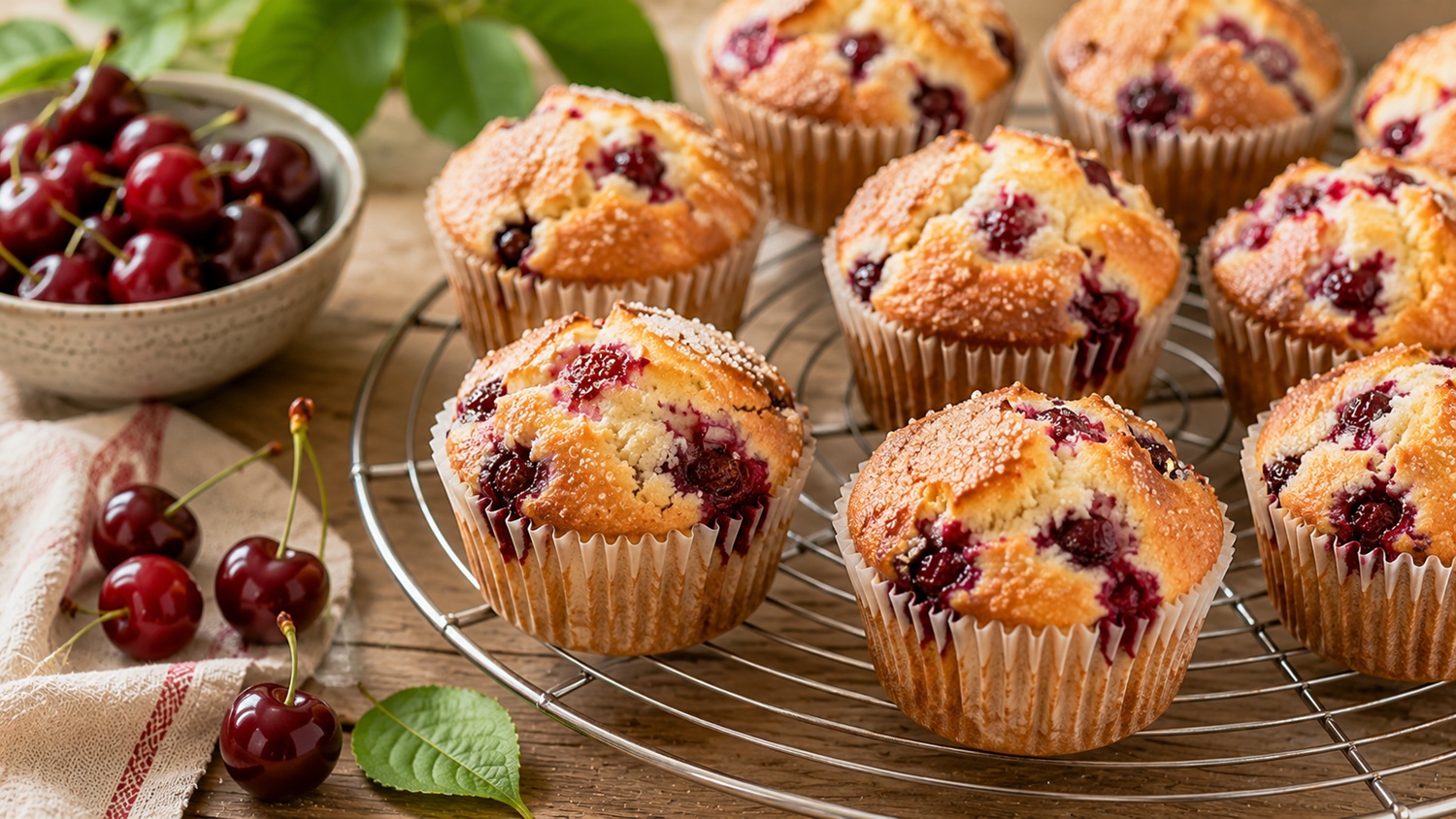Frissen sült cseresznyés muffinok papírban rácson, szaftos cseresznyével, természetes fényben.