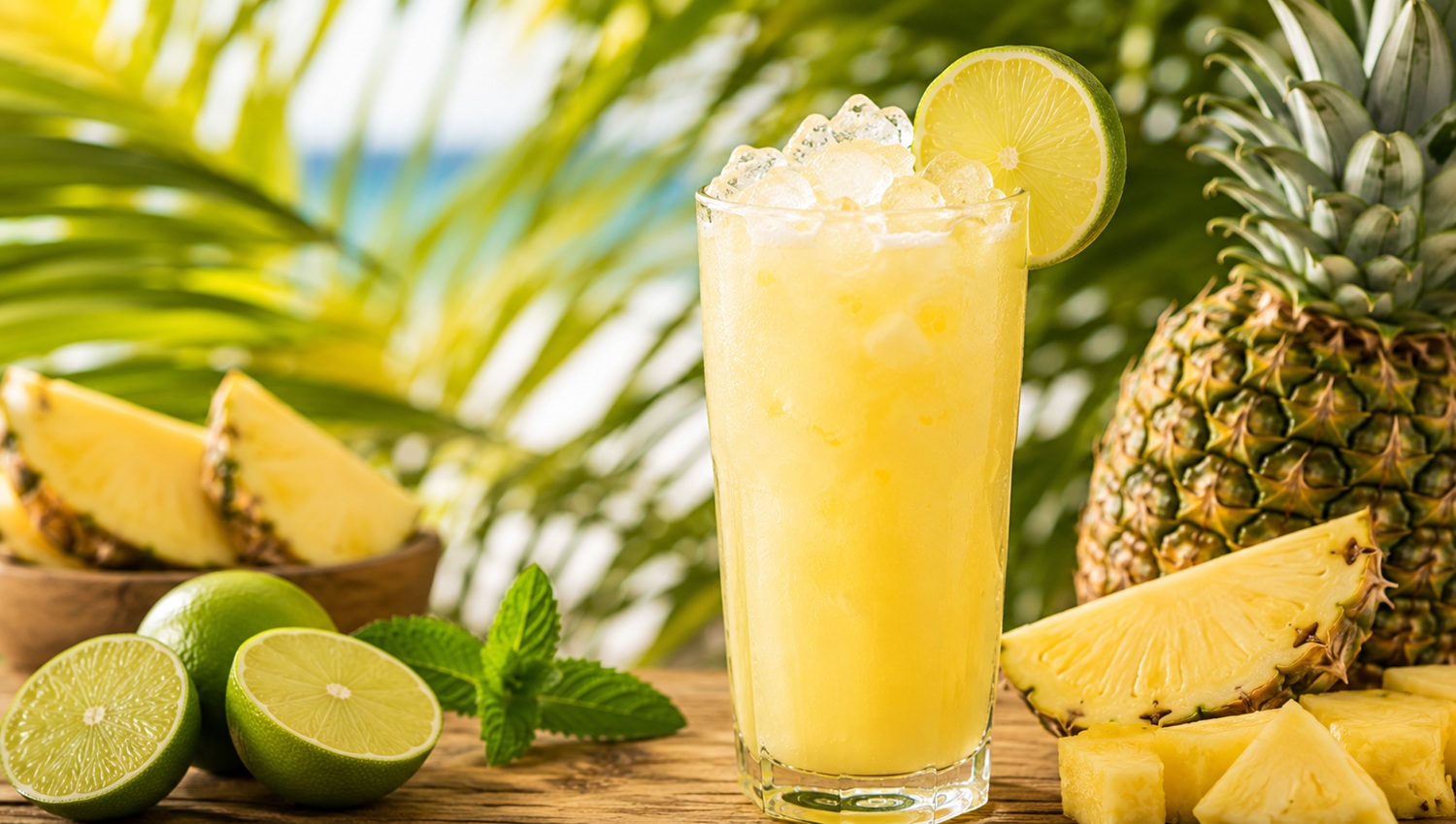 Ananászos limonádé magas pohárban krémesen sárga trópusi itallal ananász szelettel és lime-karikával zúzott jégen pálmalevelek előtt