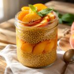 Barackos chia puding üveges pohárban friss barackszeletekkel és mentalevéllel díszítve, fa asztalon reggeli fényben