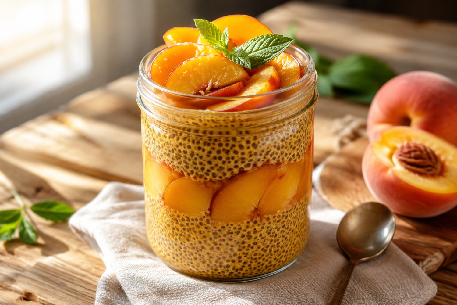 Barackos chia puding üveges pohárban friss barackszeletekkel és mentalevéllel díszítve, fa asztalon reggeli fényben