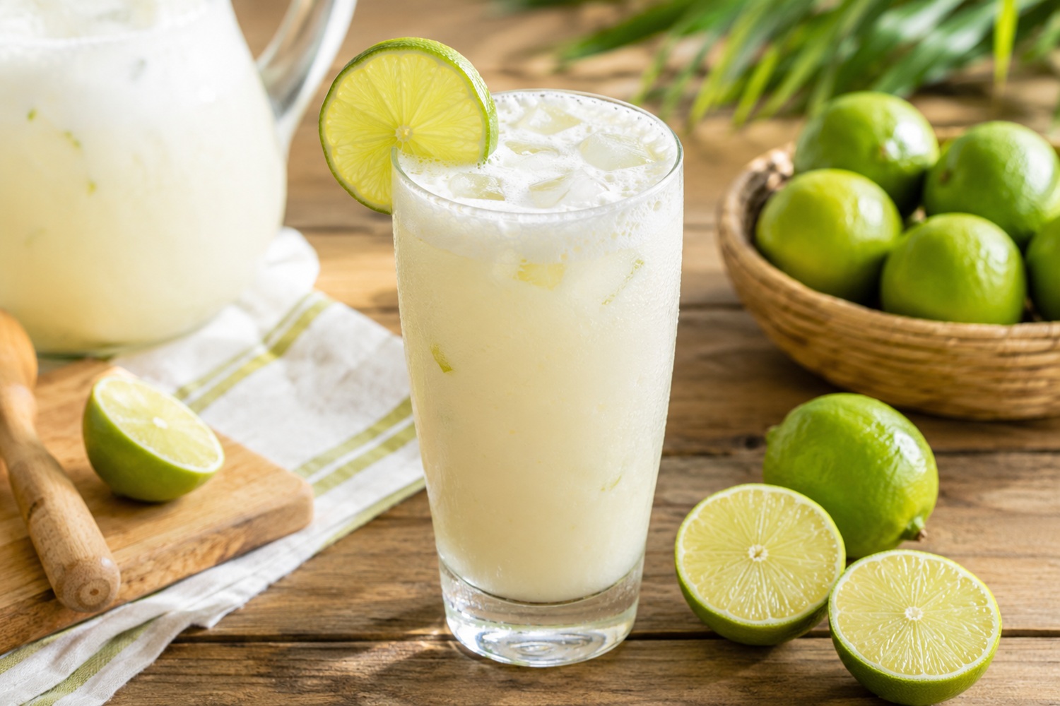 Brazil limonádé magas pohárban krémesen fehér habos itallal lime-karikával a pohár szélén jégkockákkal