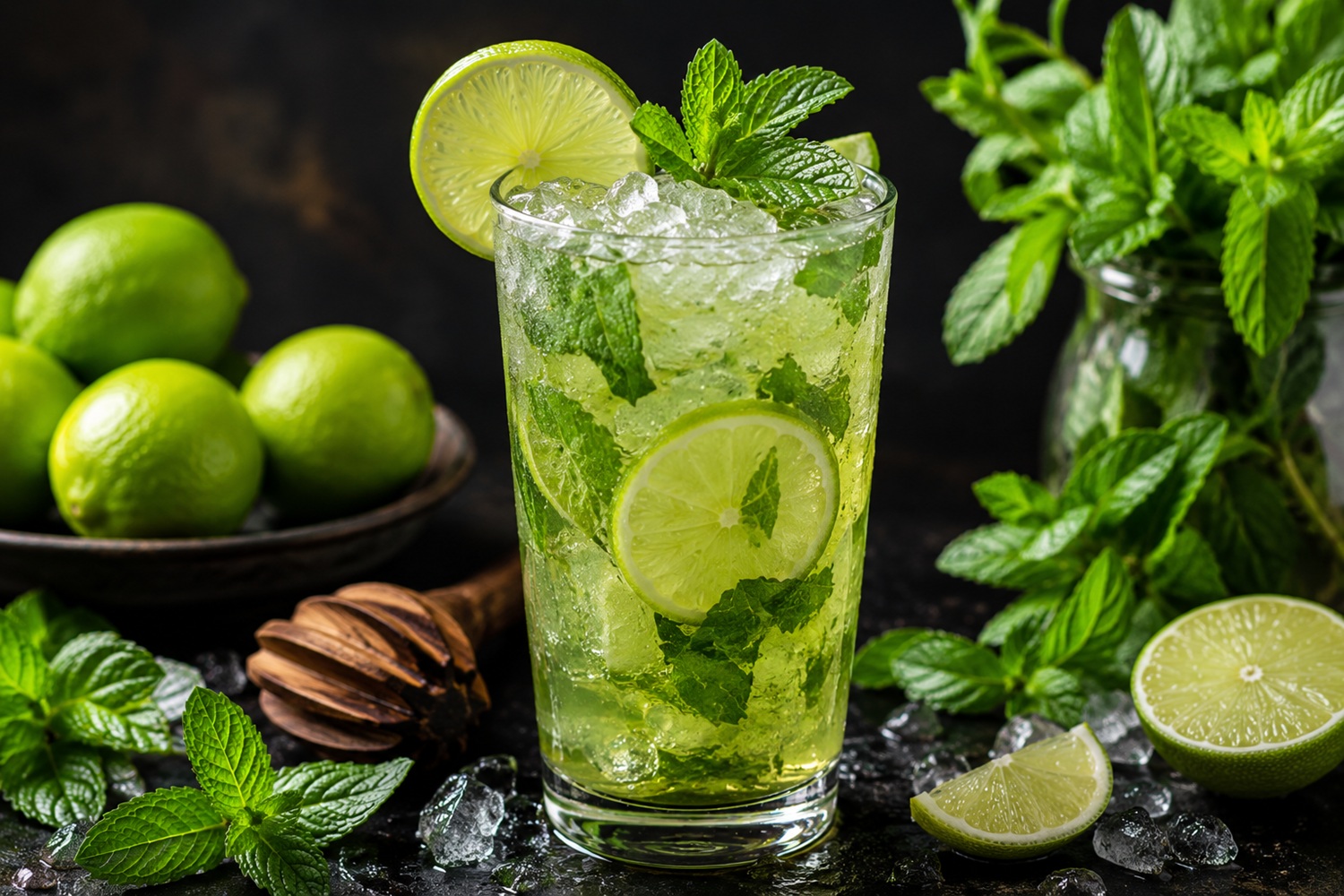 Egyiptomi mentás limonádé pohárban élénkzöld italként friss mentaágakkal és lime szeletekkel zúzott jégen