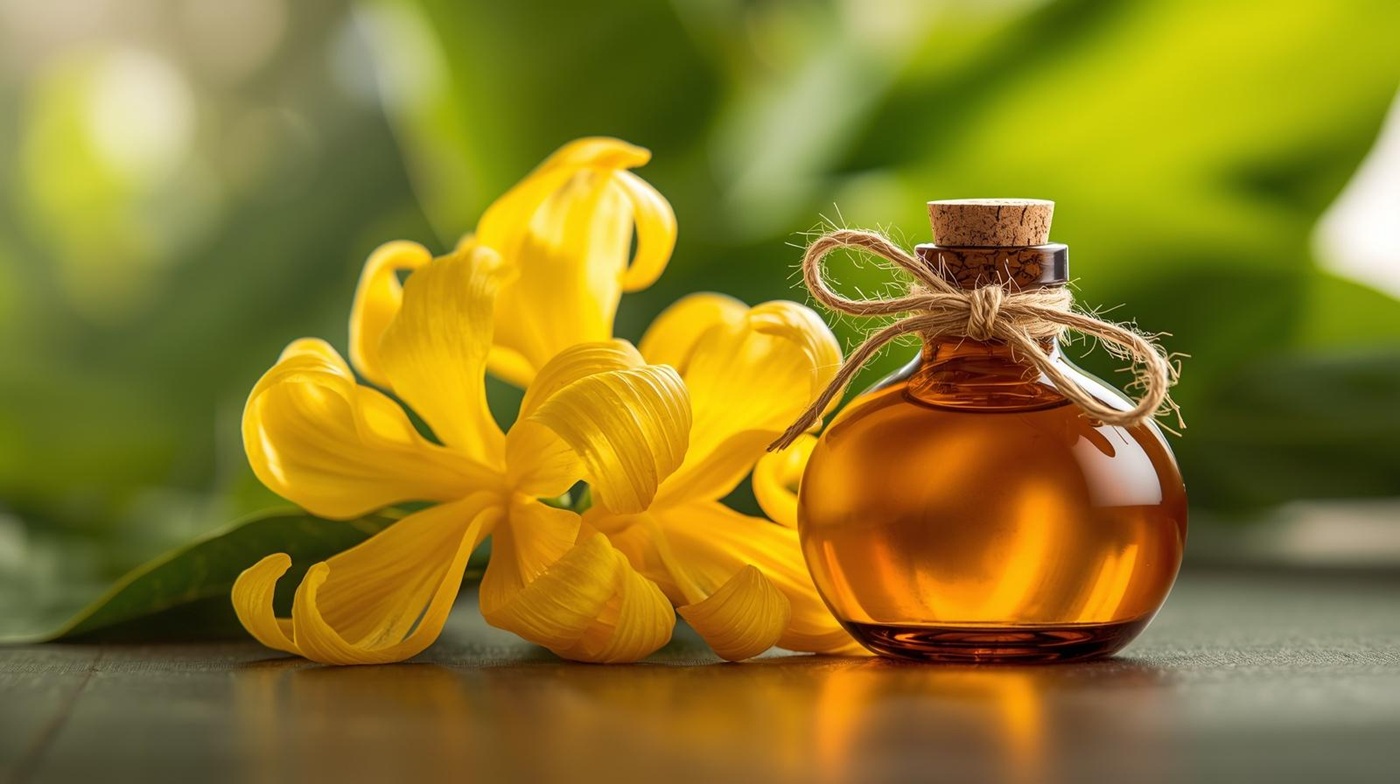 Egzotikus-sarga-ylang-ylang-viragok-egy-borostyanszinu-illoolajos-uveg-mellett-meleg-tropusi-fenyben
