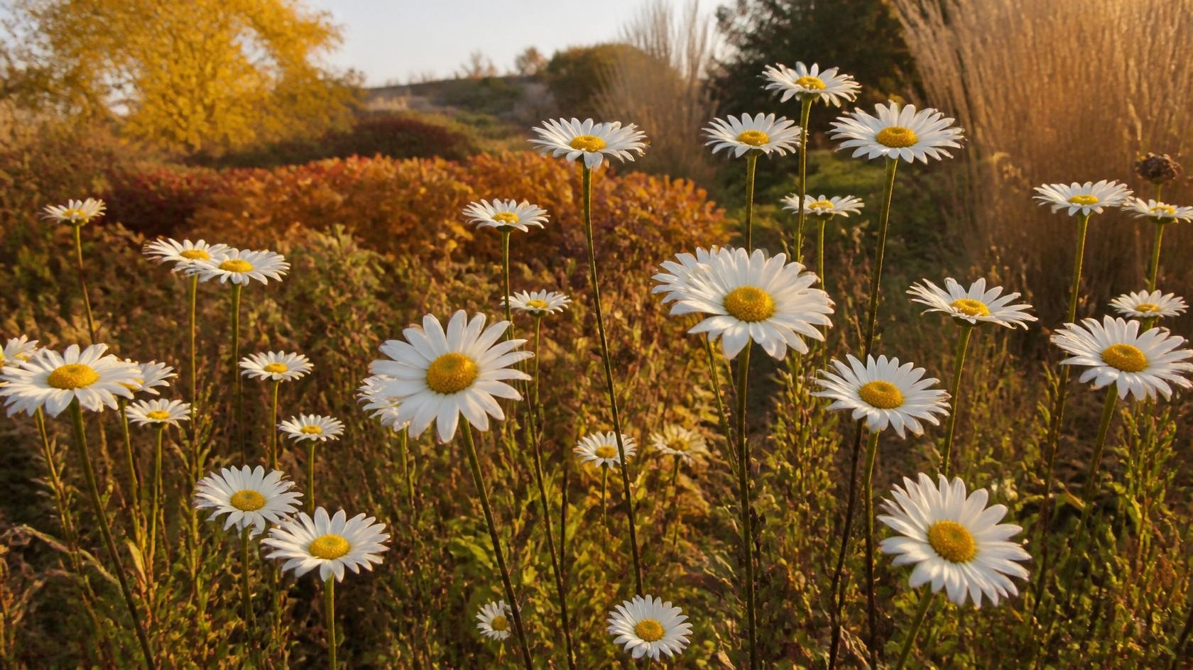 Fehér őszi margitvirágok Leucanthemella serotina nyílnak késő őszi kertben tiszta fehér szirmokkal sárga középpontokkal őszi délutáni fényben