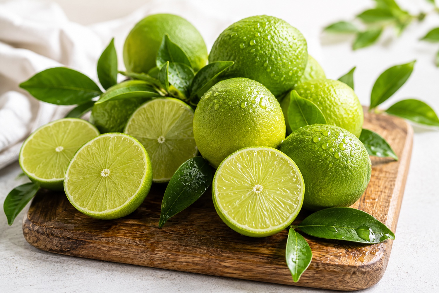 Friss lime-ok fa deszkán néhány félbe vágva élénkzöld húst mutatva, vízcseppekkel a bőrön természetes fényben