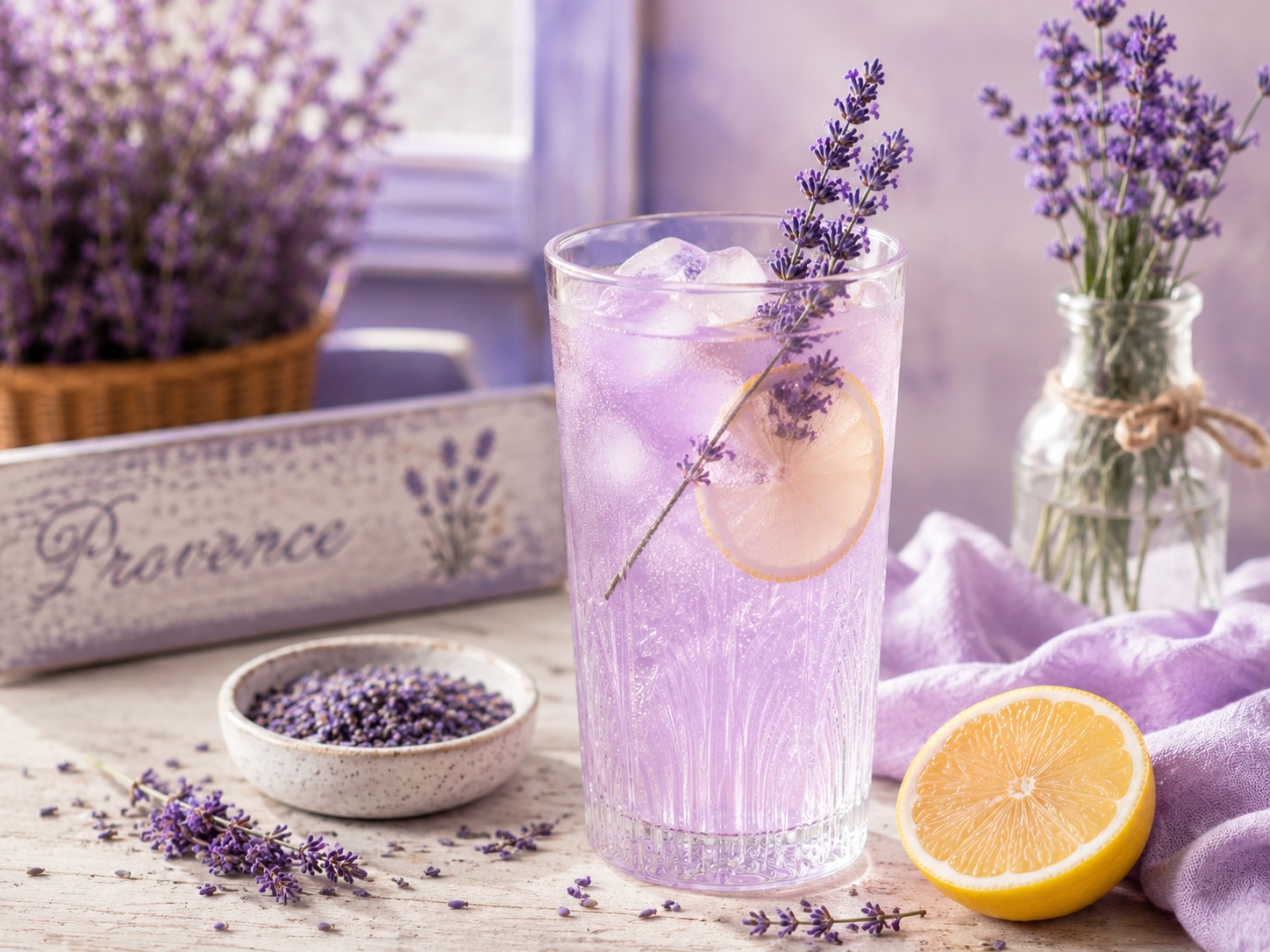 Halványlila levendulás kókuszvizes limonádé elegáns pohárban friss levendulaággal díszítve, lágy pasztell hangulatban