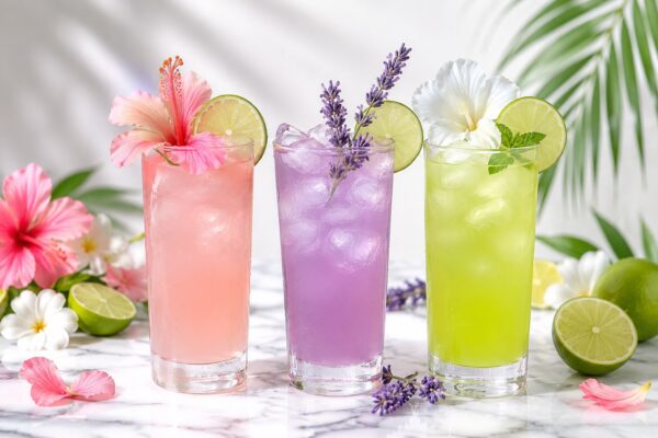 Három pohár kókuszvizes limonádé egymás mellett: hibiszkuszos, levendulás és lime-os változat friss virágokkal és citruskarikákkal díszítve.