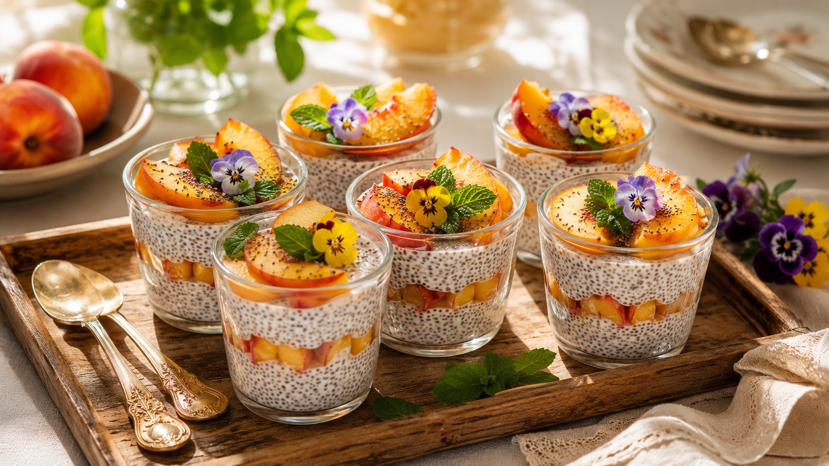 Kis egyedi chia puding poharak fán tálcán barackszeletekkel mentával és ehető virágokkal díszítve, brunch asztal hangulat
