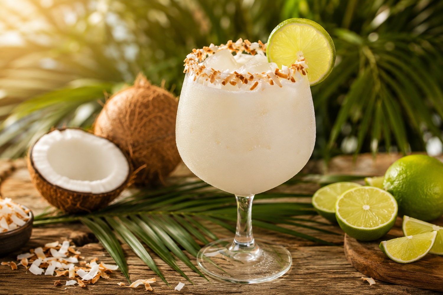 Kolumbiai kókuszos limonádé talpas pohárban krémesen fehér opálos itallal lime-karikával és pirított kókuszreszelékkel
