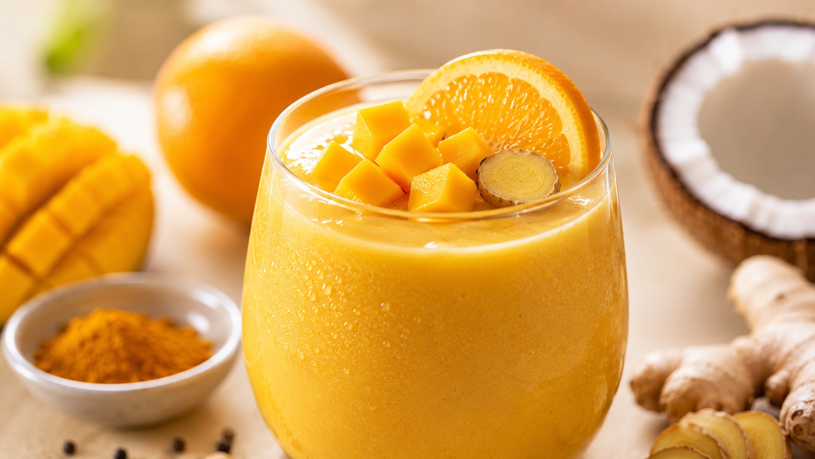 Közeli fotó egy krémes ananászos smoothie-ról citromfűvel, modern pohárban, friss nyári hangulatban.