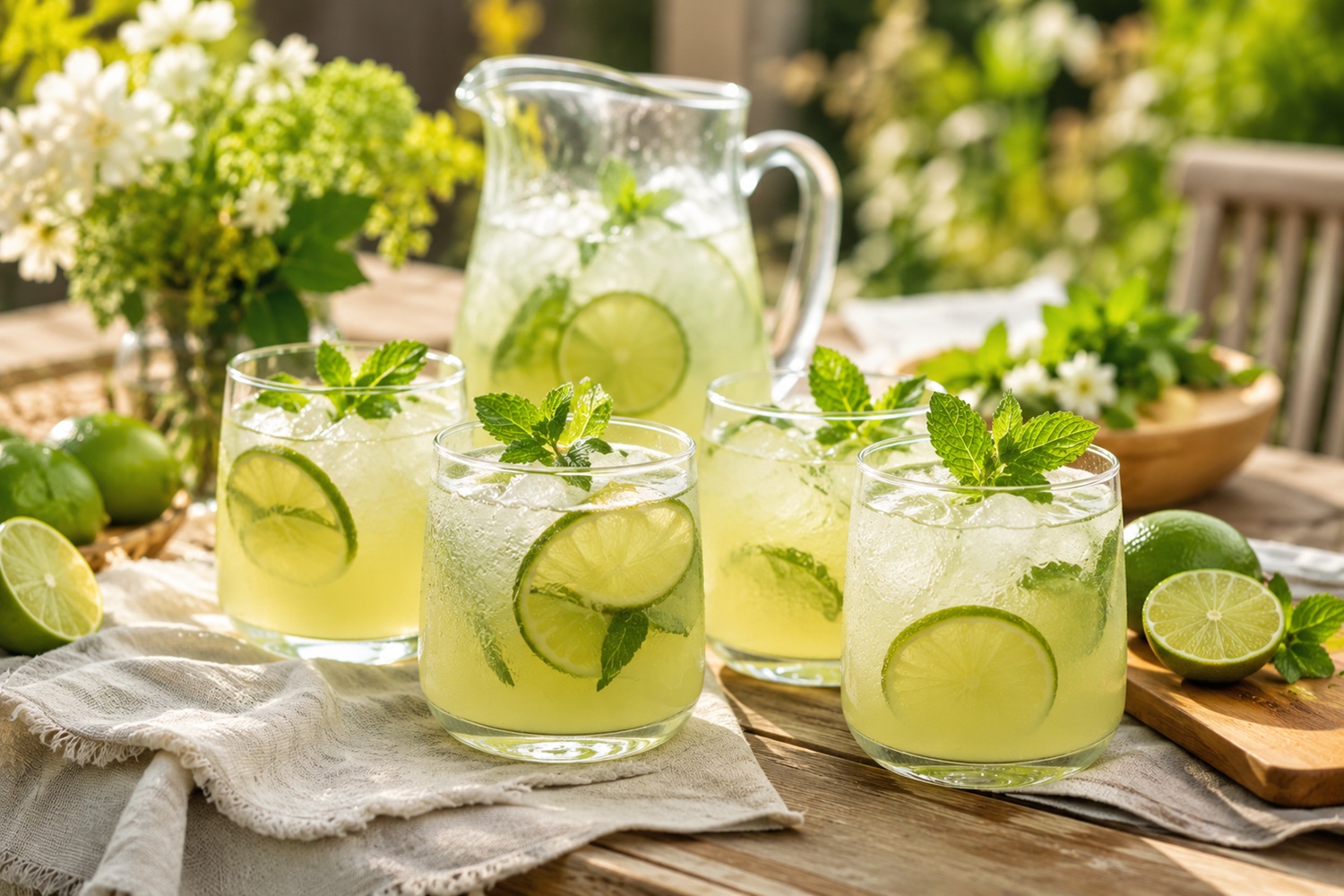Lime-os limonádék tálalva kültéri fa asztalon nyári délutáni fényben, lecsapódott vízcseppekkel a poharakon, kert hangulat