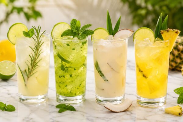 Négy különböző limonádé változat magas pohárban egymás mellett fehér márványon, brazil, egyiptomi, kolumbiai és ananászos verzió