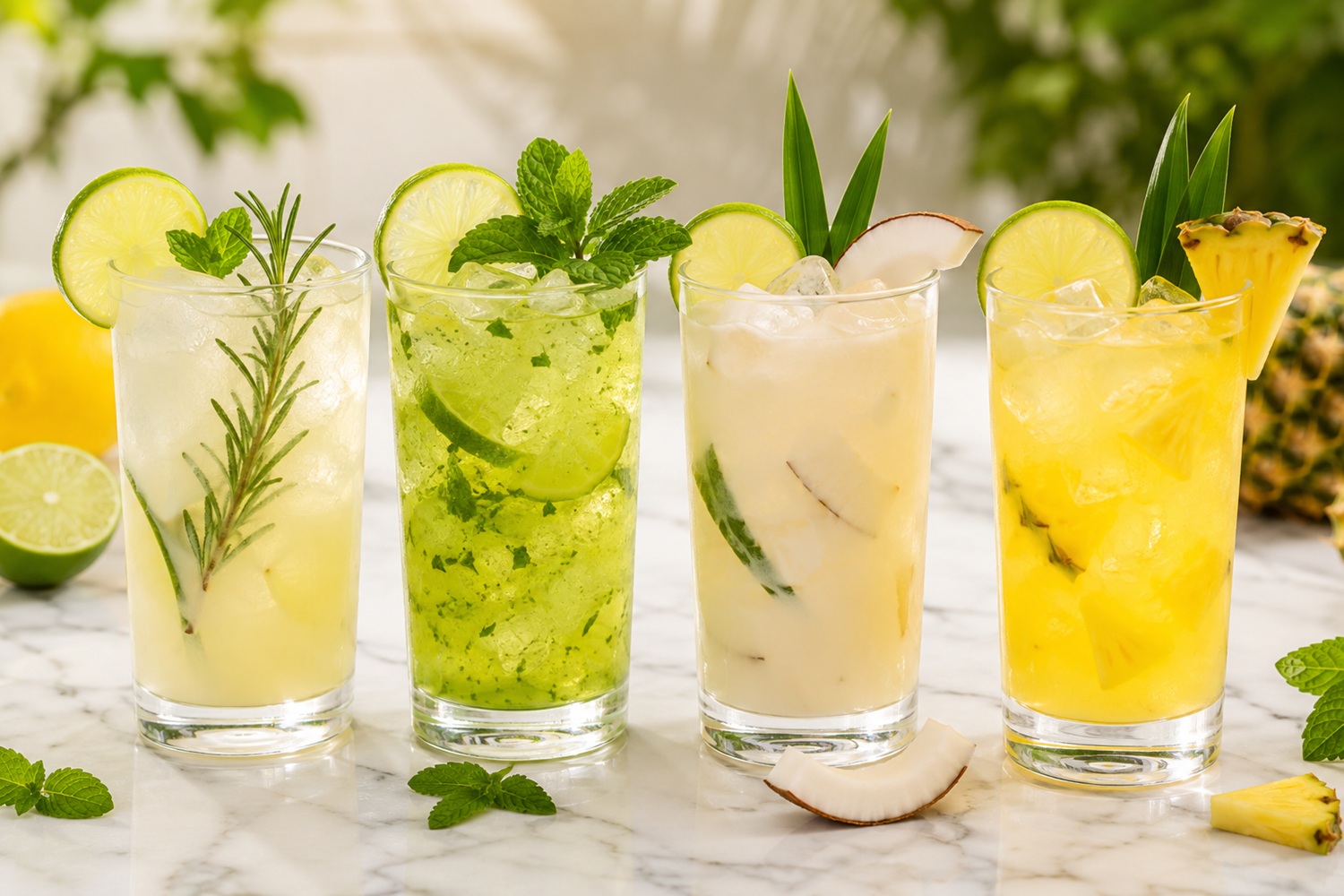 Négy különböző limonádé változat magas pohárban egymás mellett fehér márványon, brazil, egyiptomi, kolumbiai és ananászos verzió