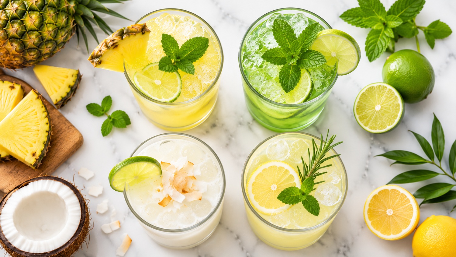 Négy limonádé változat felülről fotózva négyzet alakban elrendezve fehér márványon különböző színekkel és díszítésekkel
