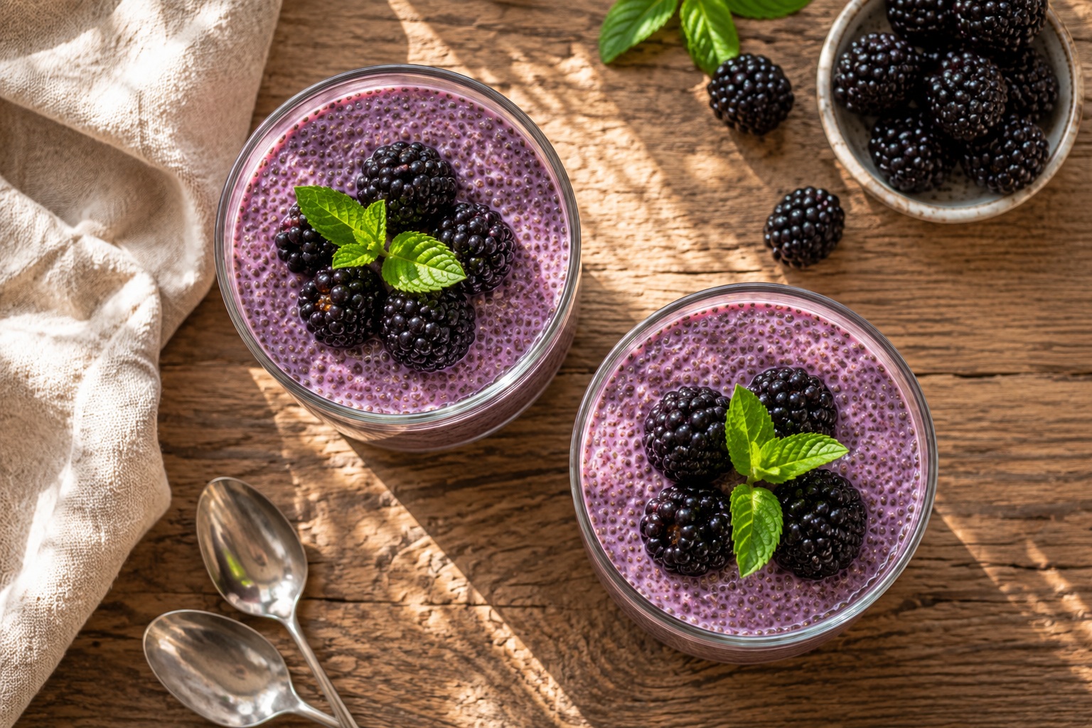 Szedres chia puding üvegpohárban, friss szederrel díszítve