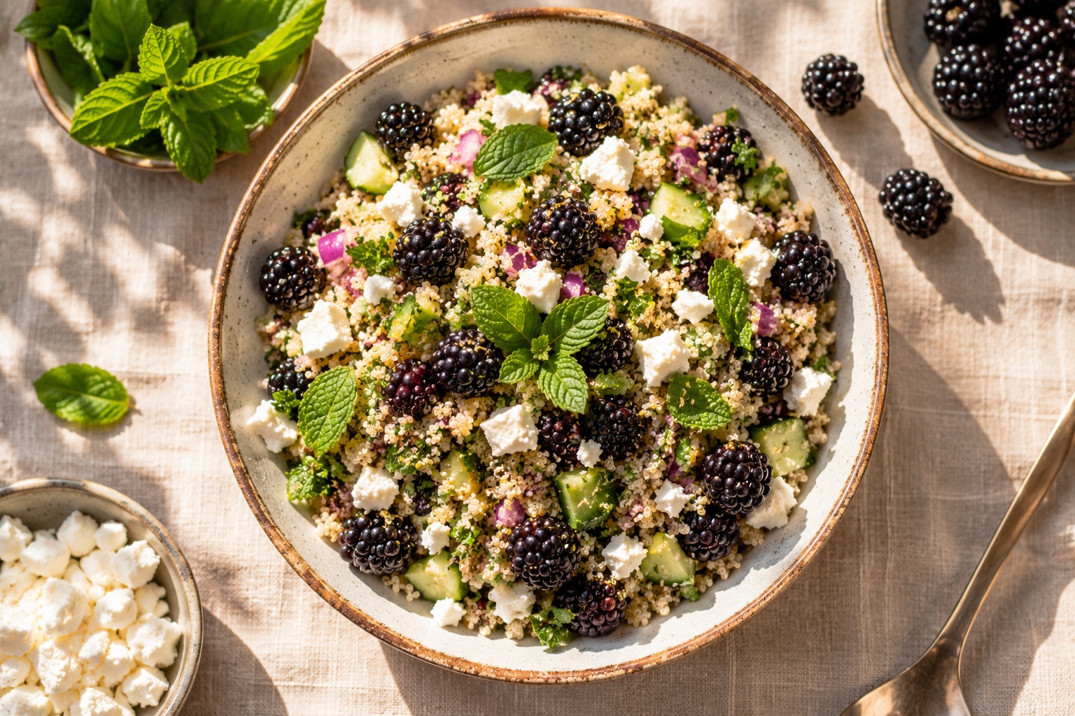 Szedres quinoa saláta fetával és mentával tálalva