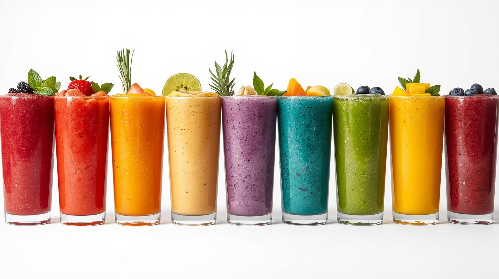 10 vibráló smoothie pohár sorban szivárvány szín különböző gyümölcsök és gyógynövények