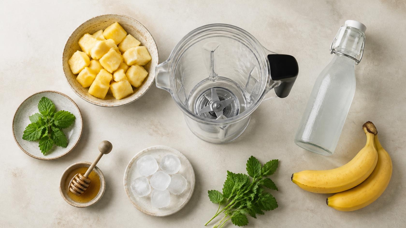 Közeli fotó egy krémes ananászos smoothie-ról citromfűvel, friss trópusi alapanyagokkal a háttérben.