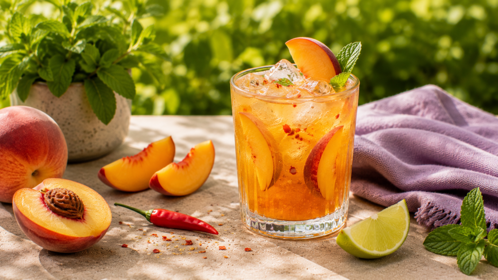Édes-csípős barack-chili cooler jéggel és friss őszibarackkal