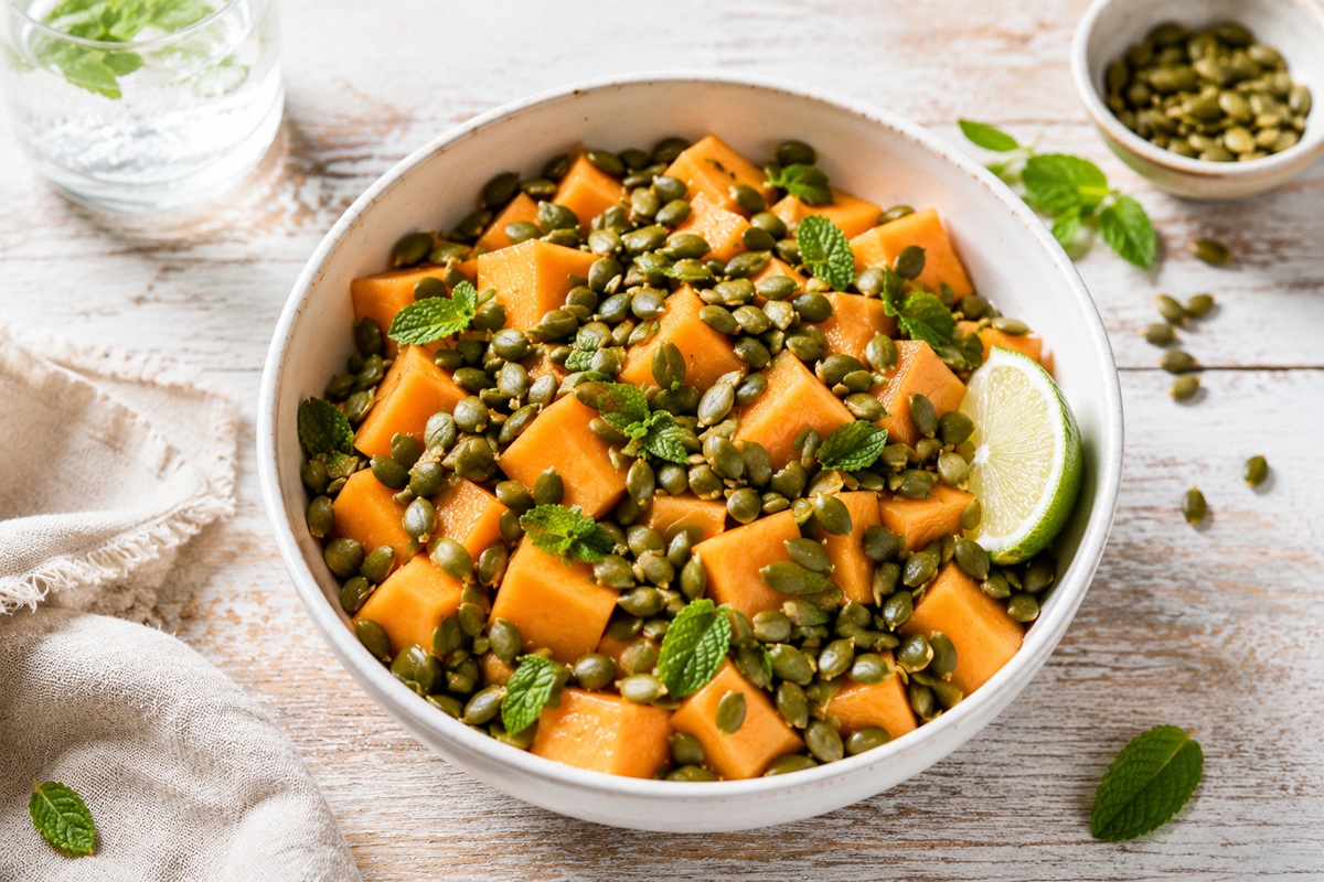 sárgadinnyés reggeli bowl tökmaggal és limemal