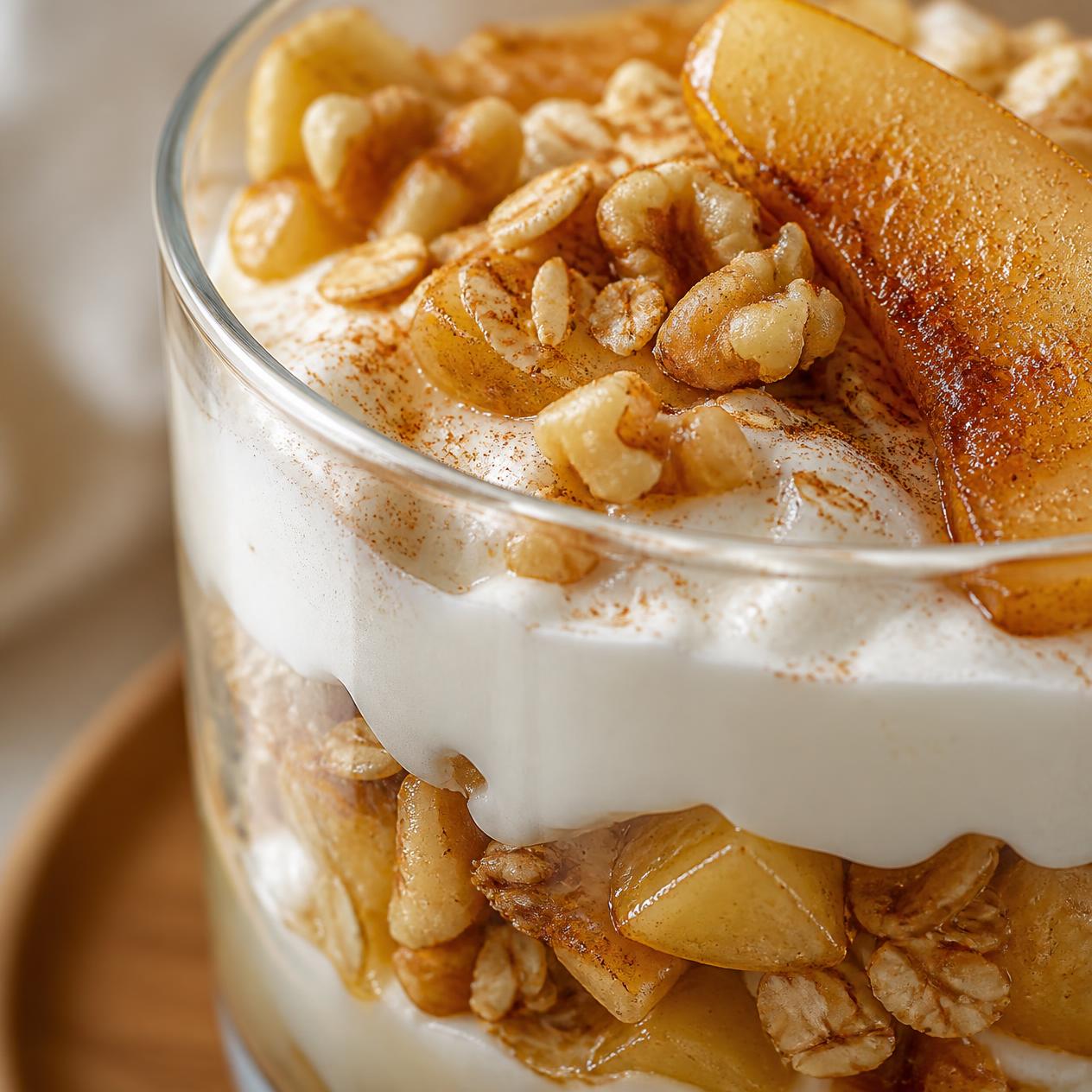 Közeli részlet a krémes joghurt, sült körte, zabpehely és dió rétegeiről.