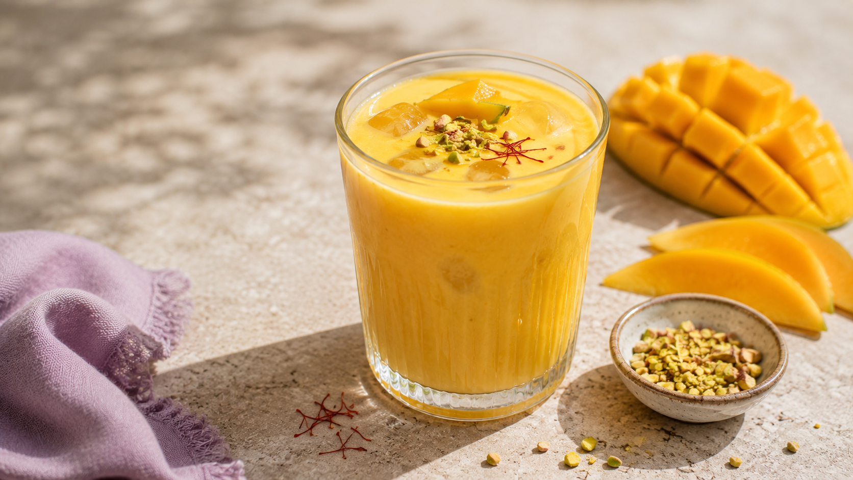 Krémes mangó lassi mangószeletekkel és pisztáciával