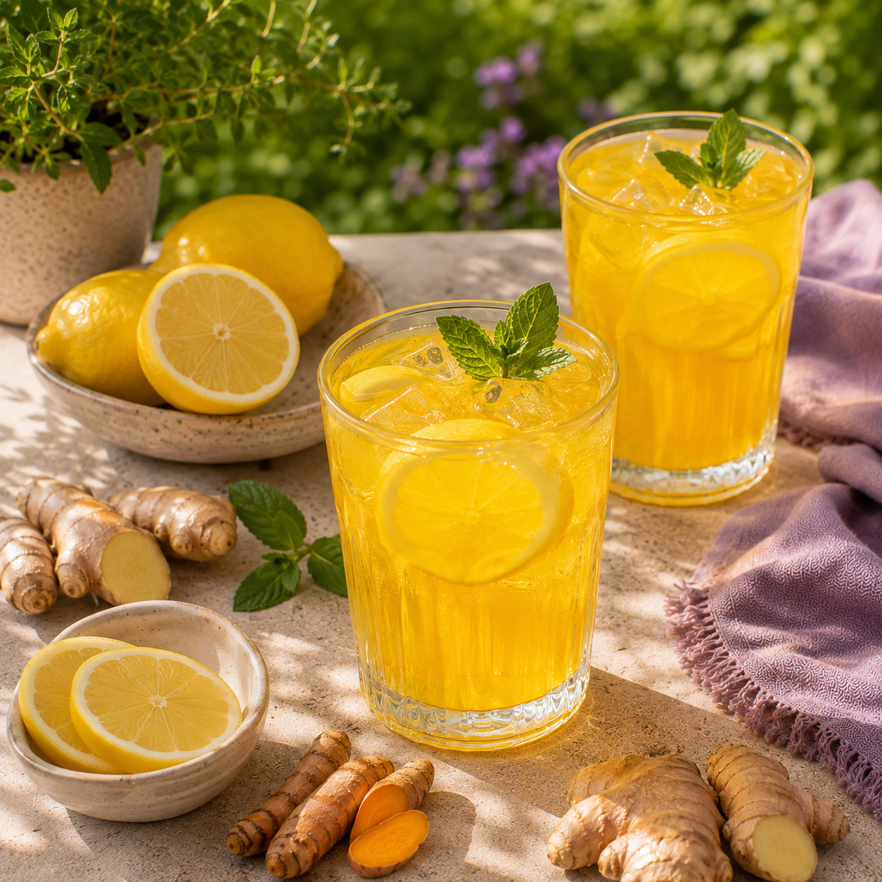 Kurkumás-gyömbéres aranylimonádé nyári tálalásban