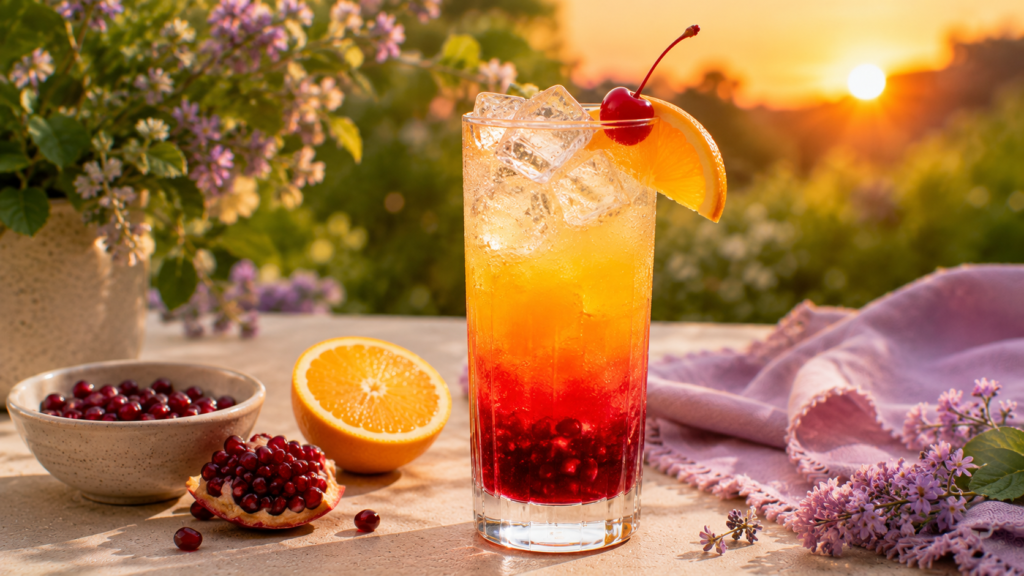 Rétegezett naplemente mocktail narancsos és málnapiros rétegekkel