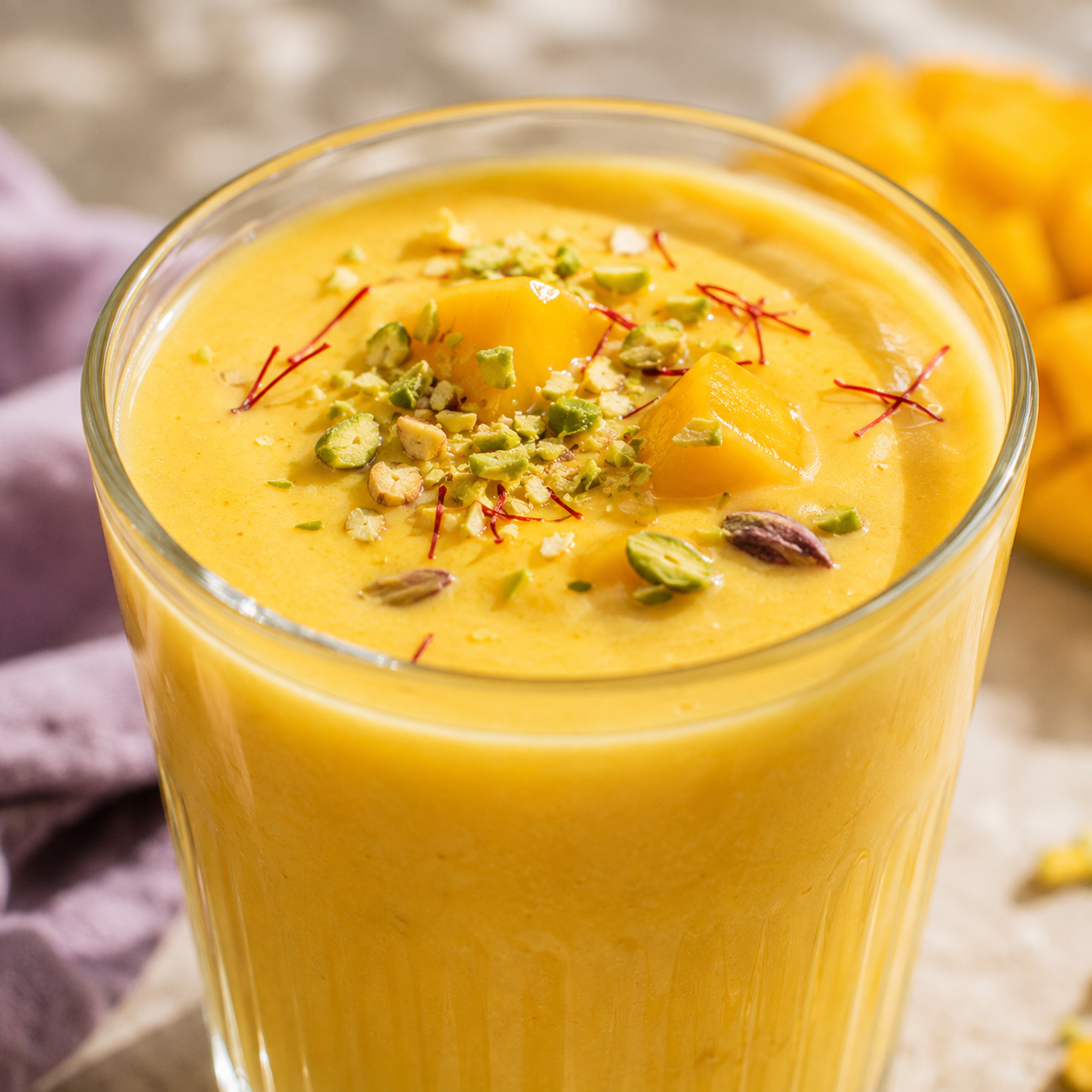 Selymes mangó lassi közelről pisztáciával