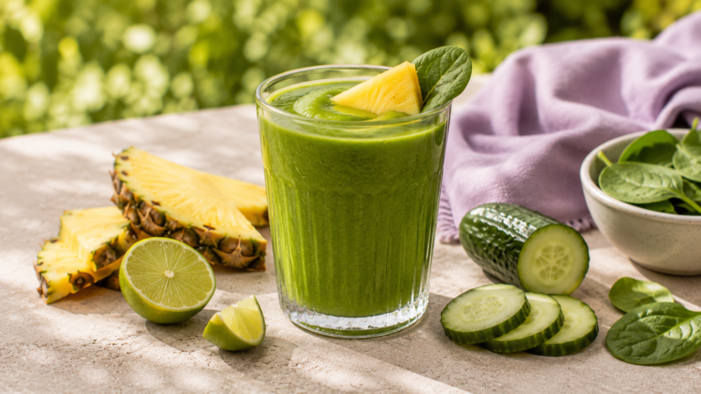Trópusi zöld smoothie ananásszal, uborkával és lime-mal