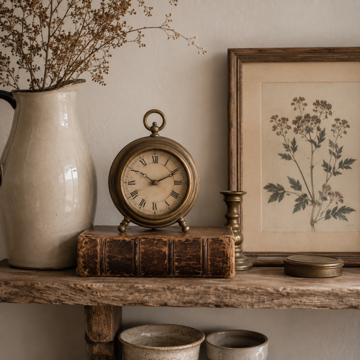 Vintage kiegészítők fa polcon cottage nappaliban