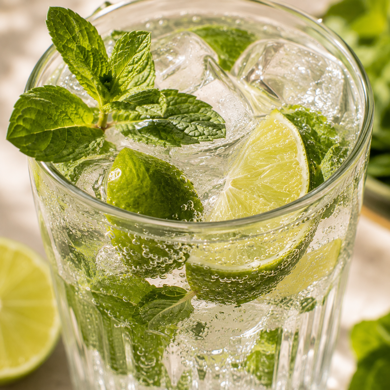 Virgin mojito közelről friss mentával és lime-mal