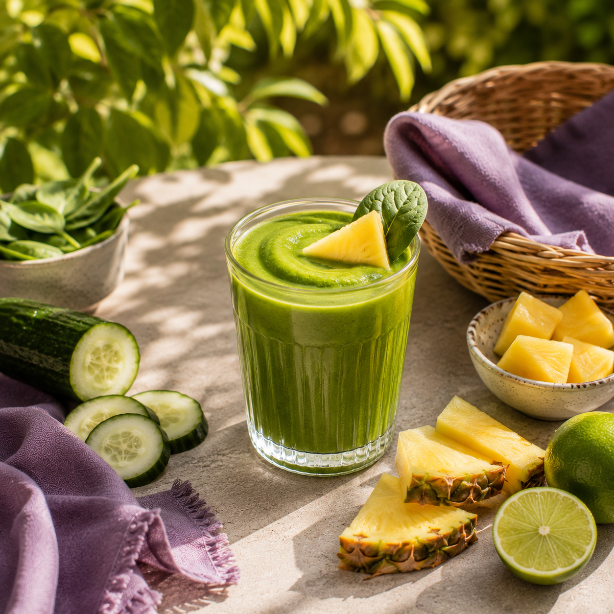 Zöld smoothie nyugodt nyári kerti környezetben